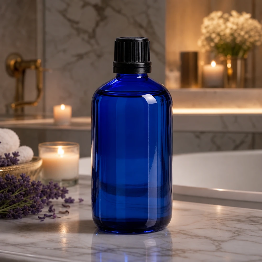 Koboltblå 100 ml apotekerflaske med sort originalprop i et elegant badeværelse