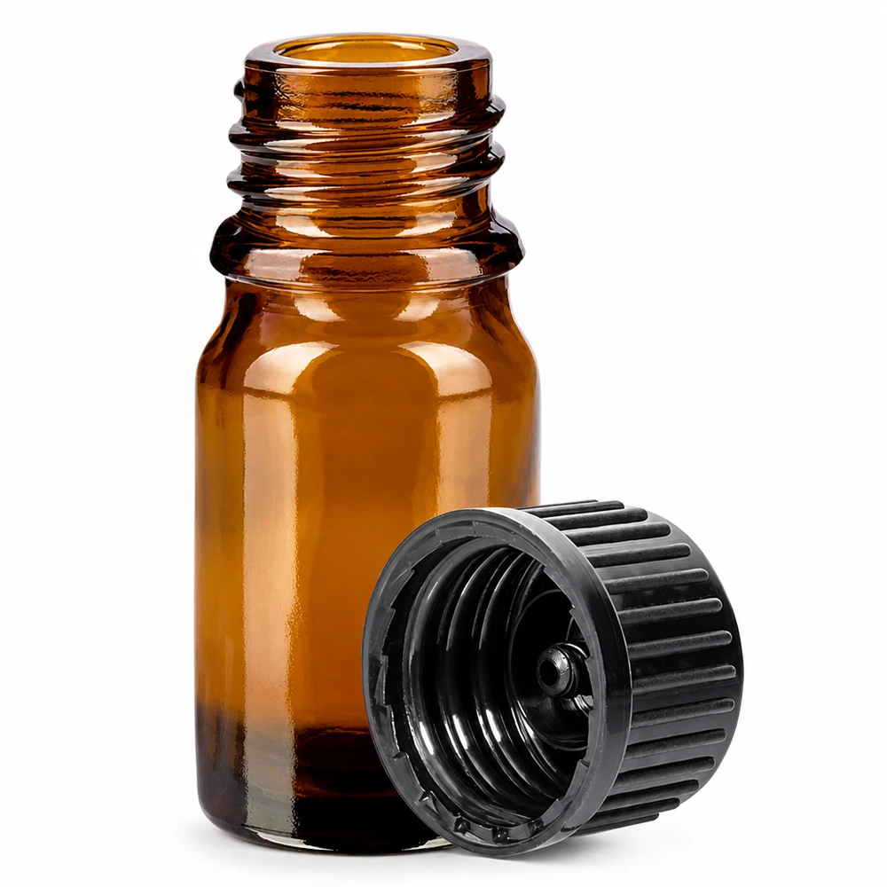 5ml flaske 11mm SV sort STD BrownLine UT18/5 Lille 5 ml apoteksflaske af brunt glas med ribbet hætte til medicin