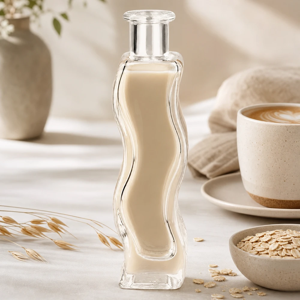 100 ml glasflaske »Melissa« uden lukning UNiTWIST® Glasflasche Melissa 100ml mit cremiger Flüssigkeit in elegantem Wellness-Setting mit Haferflocken und Kaffeetasse