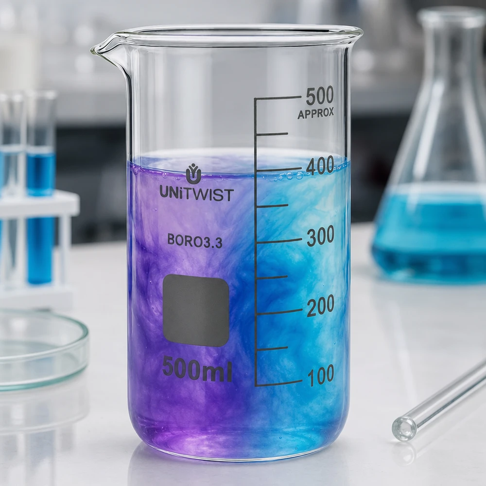 Becherglas af borosilikatglas, 500 ml, høj model med blå-violet farveblanding i laboratoriet