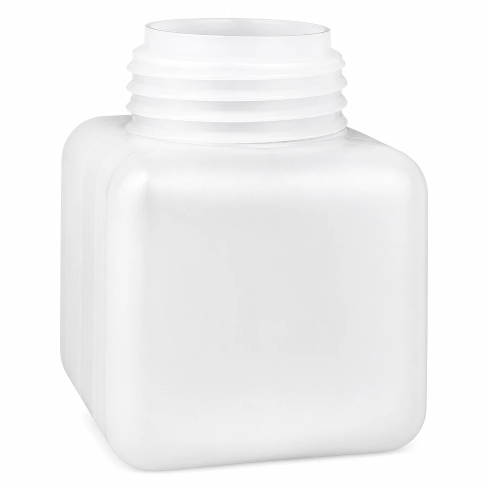 Kemikalieflaske 500 ml, bredhalset, PE-HD, naturfarvet, firkantet, uden låg, plastflaske