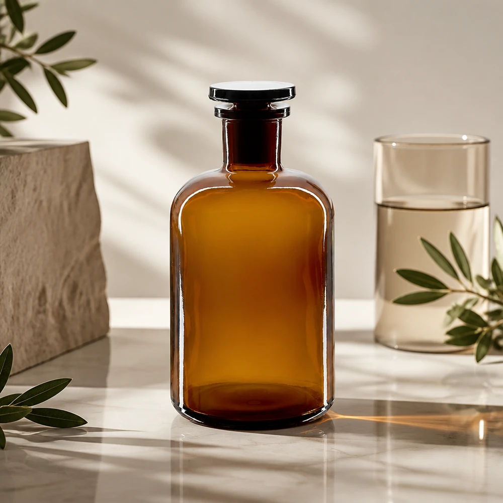Rund skulderflaske 500 ml brun glasprop med smal hals Ravfarvet laboratorieflaske, 500 ml, med smal hals og runde skuldre, med glasprop af høj kvalitet