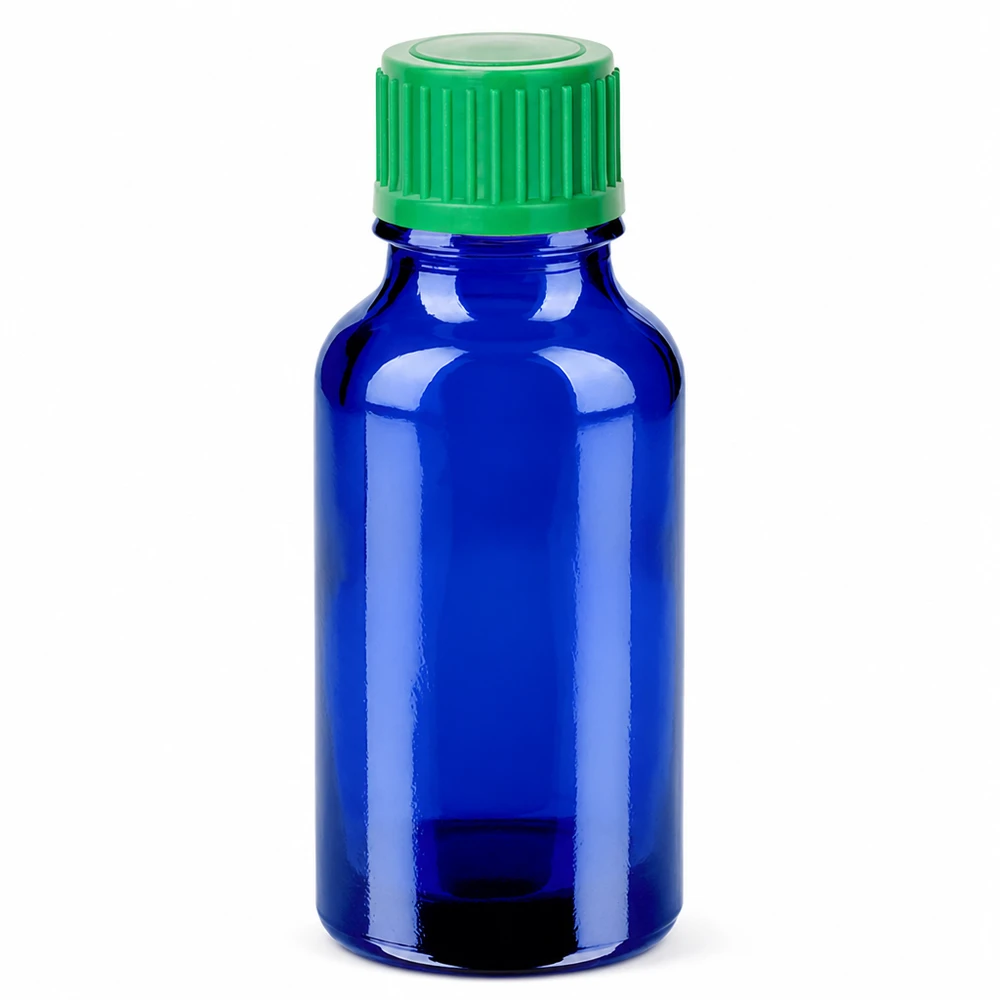 20 ml blå glasflaske med grøn dråbehætte til præcis dosering af farmaceutiske produkter