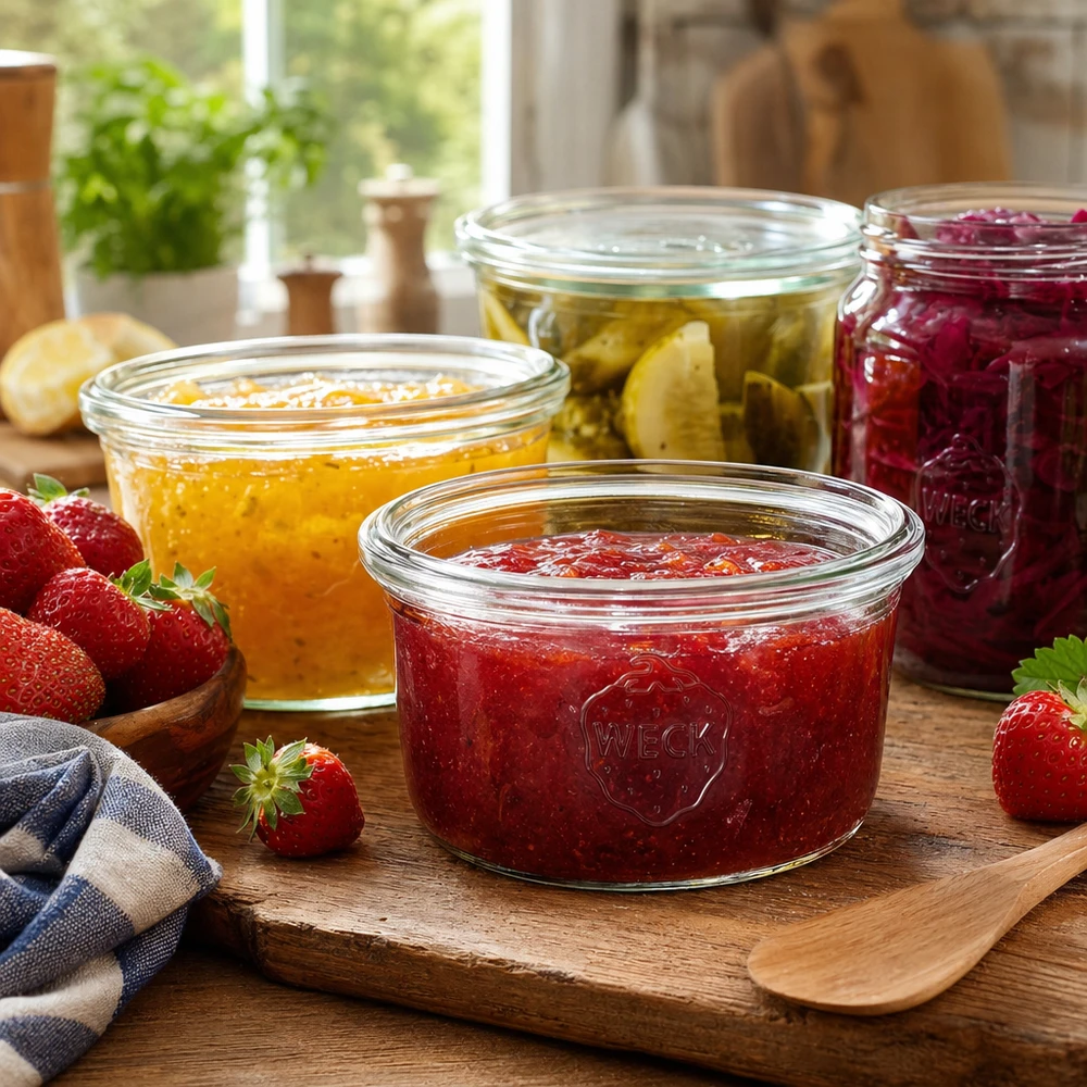 165 ml WECK RR80-glas med skrå kant WECK 165 ml RR80-glas med jordbærmarmelade på en træplade ved siden af andre syltetøjsglas med marmelade og friske jordbær.