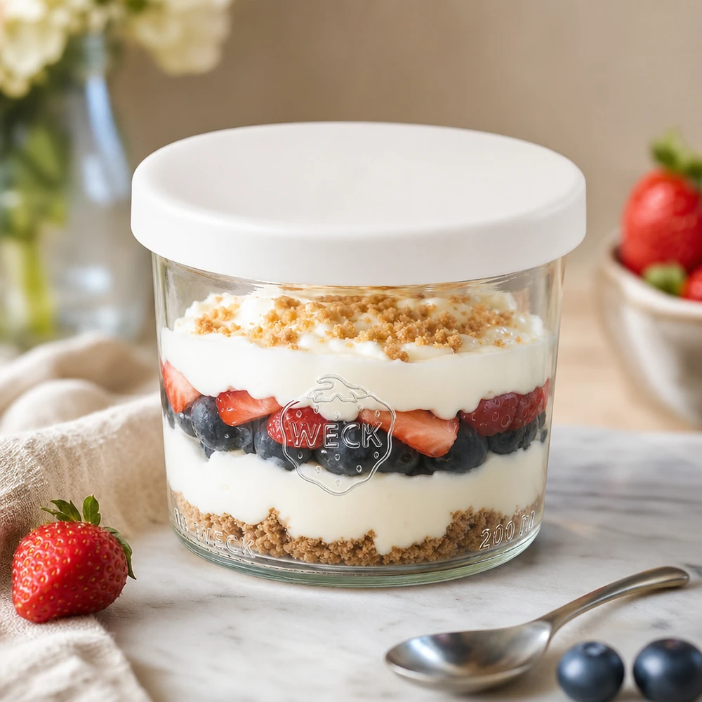 WECK bægre 200 ml RR80 med lagdelt dessert bær yoghurt hvid silikonelåg dessertglas til søde desserter