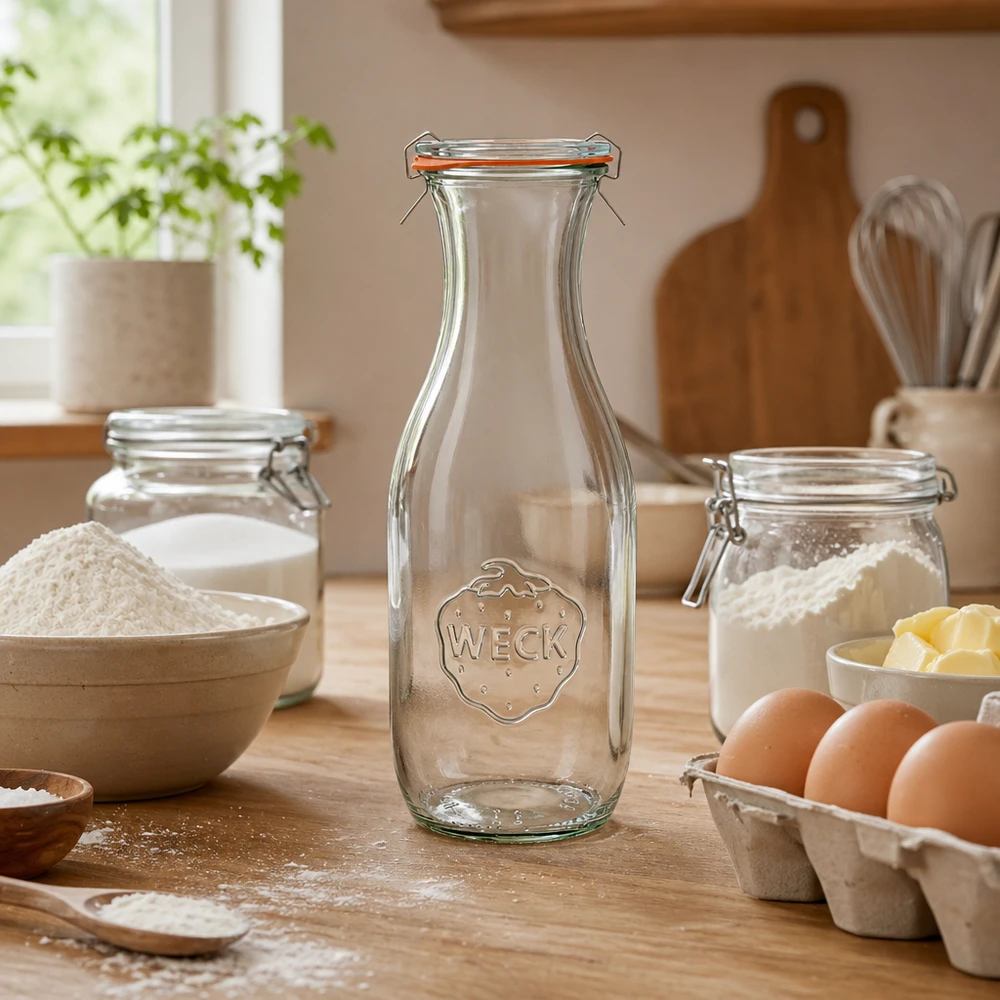WECK juiceflaske 1062ml RR60 tom i rustikt køkken med bageingredienser, mel, æg og køkkenredskaber