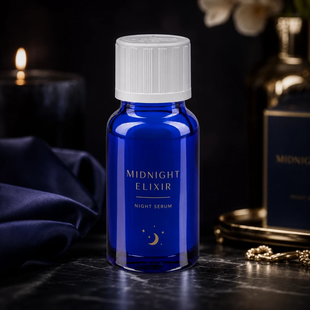 Apoteksflaske blå 10ml dråbetæller hvid KiSi St Midnight Elixir Night Serum i en koboltblå 10 ml dråbeflaske af apotekerglas på marmor