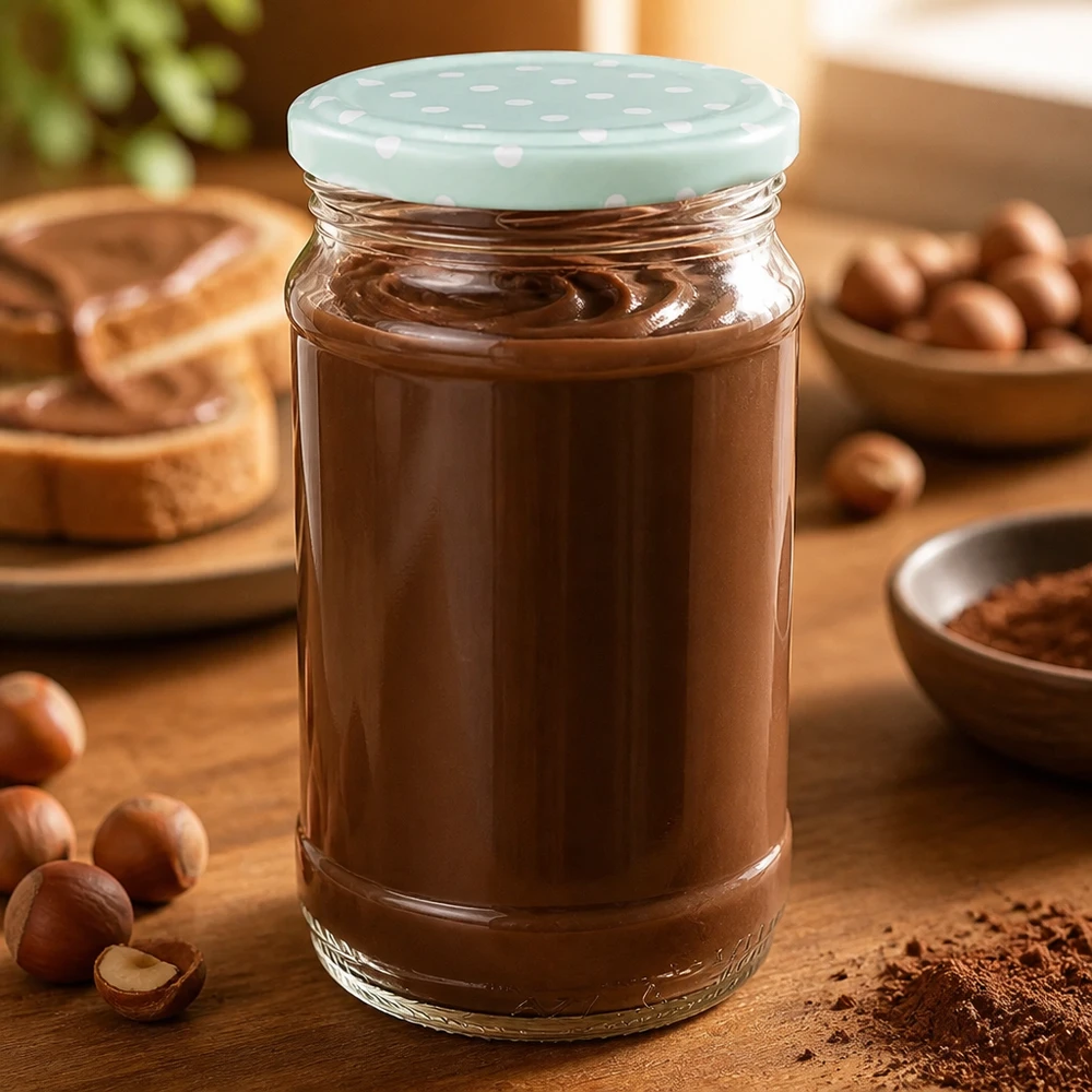 Chokoladesmør i et 370 ml rundt UNiTWIST-glas med et mintgrønt BasicSeal-låg ved siden af hasselnødder