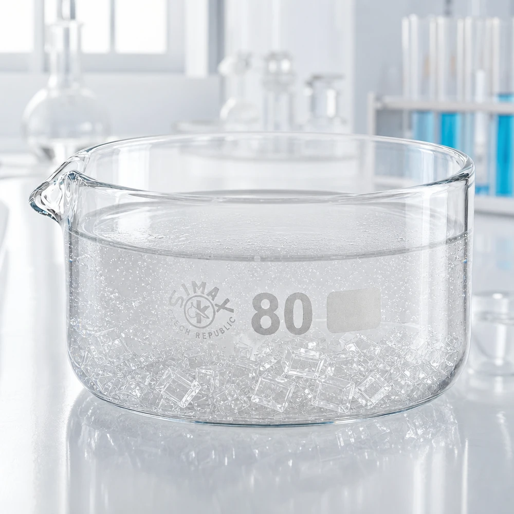 Krystalliseringsskål 150 ml med borosilikat-tud Flad krystalliseringsskål på 150 ml med isterninger og udløb, fremstillet af klart laboratorieglas, ø 80 mm