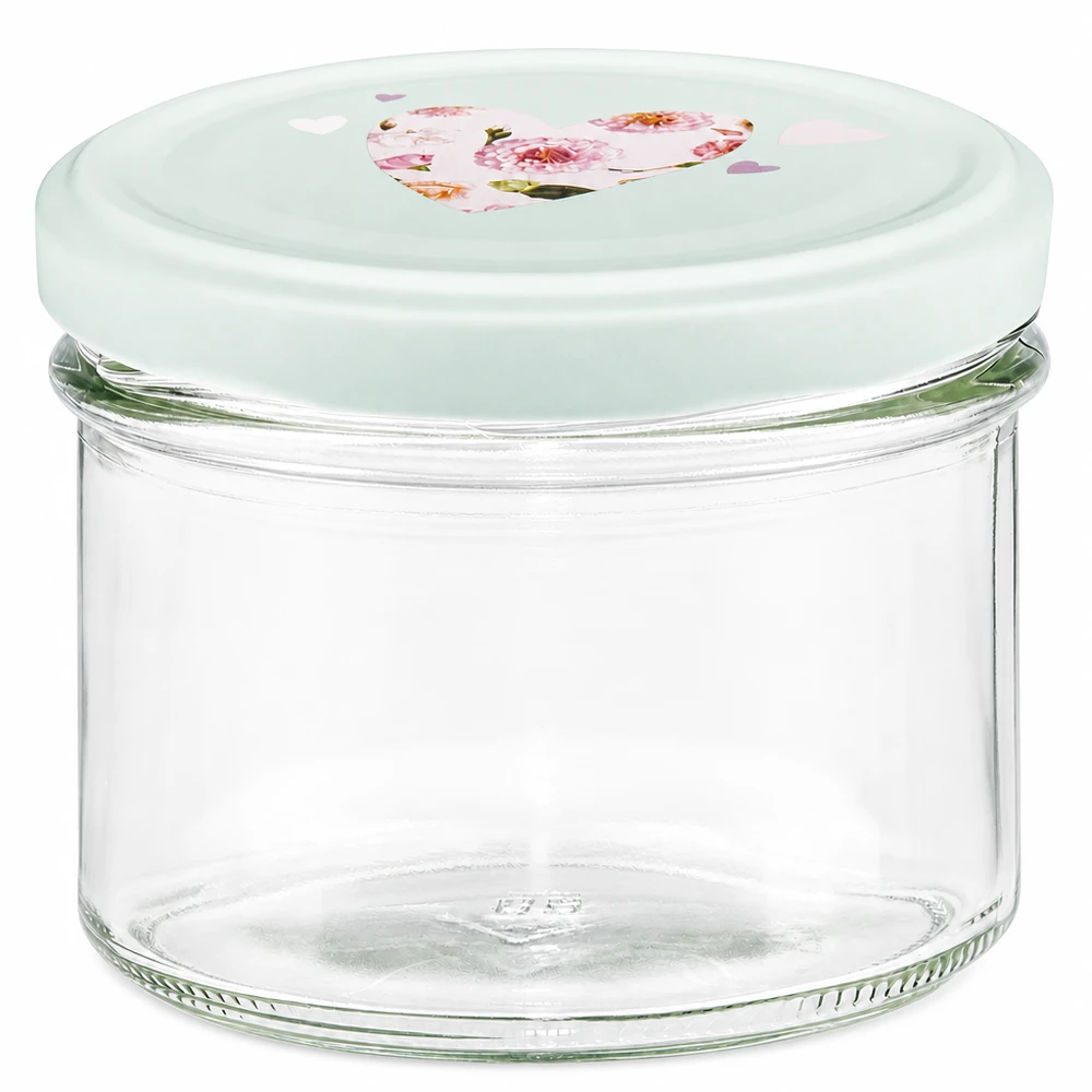 225 ml skålglas + BasicSeal låg hjerte mint UNiTWIST 225 ml glas med BasicSeal-låg i mint med hjertemønster lavet af klart glas til marmelade og konserves