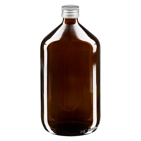 1000 ml medicinflaske brun, med hætte af sølvfarvet aluminium ApoGlas. Farmaceutisk kvalitet fra EU-produktion. 28 mm (PP28) gevind. (sirup, let glasflaske)