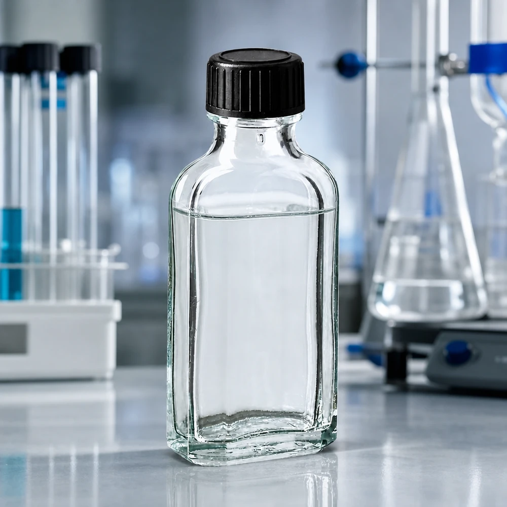 50 ml Meplat klar skruelåg med EPE-forseglingsskive Gennemsigtig 50 ml Meplat-glasflaske med EPE-tætningsskive og sort låg i laboratoriemiljøet