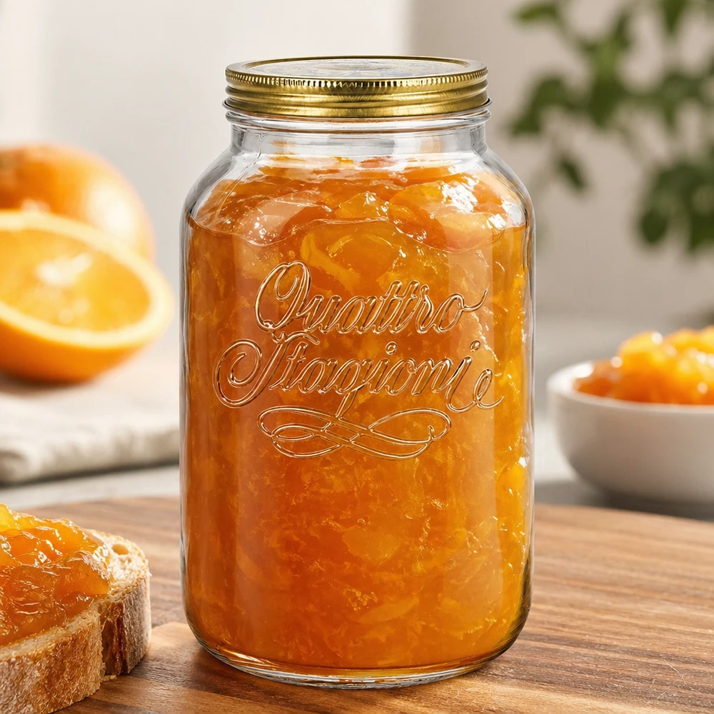3800 ml rundt glas "Quattro Stagioni" med låg Quattro Stagioni 3800 ml syltetøjsglas fyldt med appelsinmarmelade på et træbræt med friske appelsiner og brød