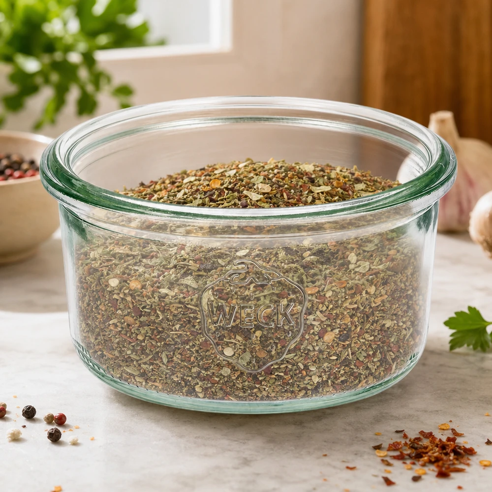 165 ml WECK RR80-glas med skrå kant WECK 165 ml RR80-glas fyldt med krydderurter på et køkkenbord med krydderier og planter i baggrunden