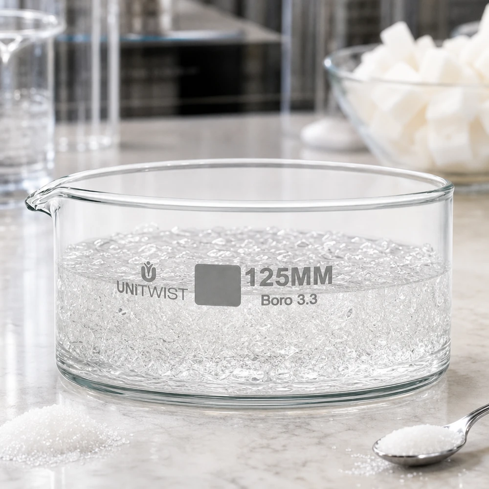 Krystalliseringsskål ø125mm borosilikatglas UNiTWIST Krystalliseringsskål 125 mm UNiTWIST Boro 3.3 med hvide sukkerkrystaller på marmoreoverflade