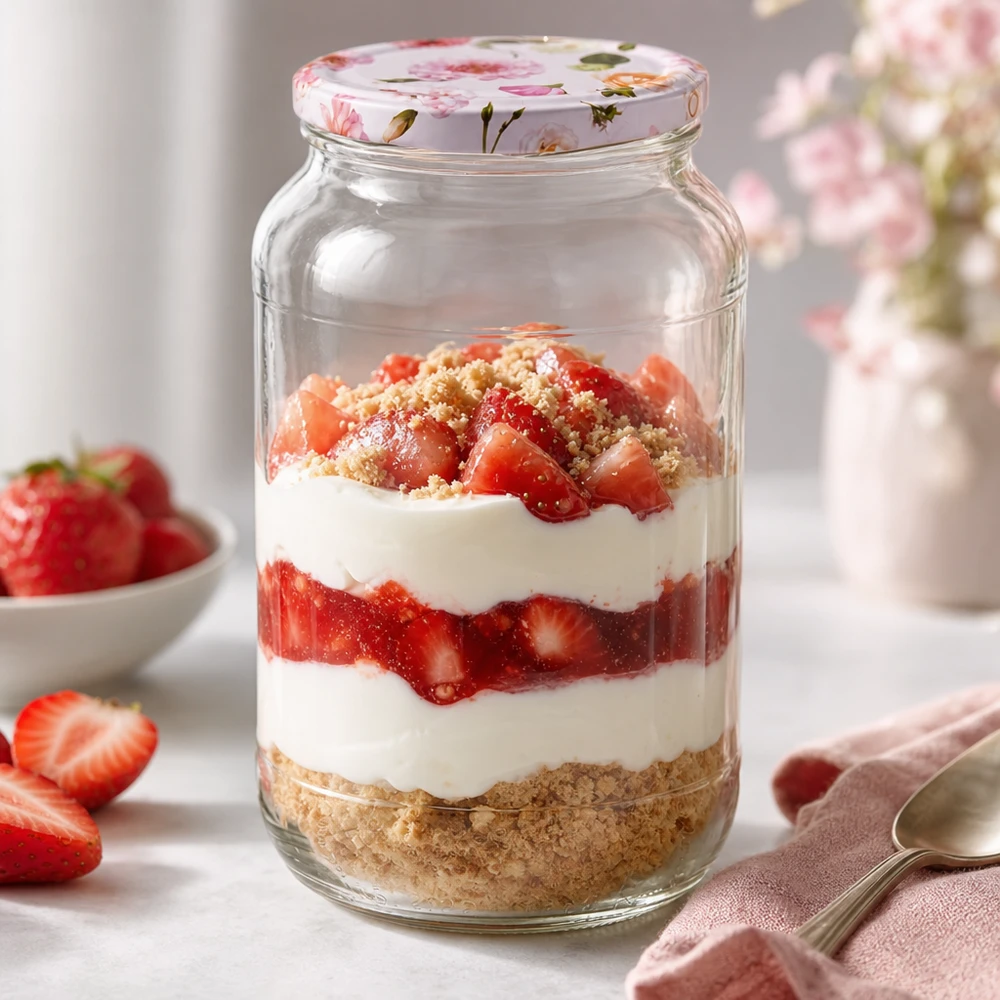 1062 ml rund krukke + BasicSeal låg, lyserød UNiTWIST Lagdelt dessert i en 1062 ml rund krukke med lyserødt blomsterlåg Jordbær Fløde Kiksebund BasicSeal-låg Dessert