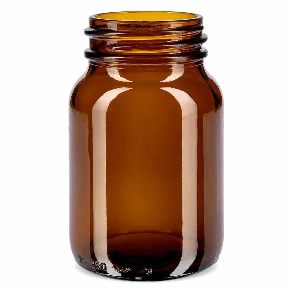 250 ml flaske med bred hals, ravfarvet glas 250 ml bredhalset flaske af ravfarvet glas med stor åbning for nem påfyldning
