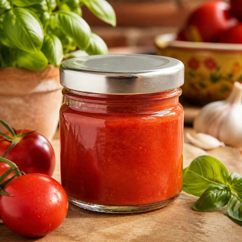 33 ml rundt glas med BasicSeal-låg i sølv, fyldt med rød tomatsauce og omgivet af friske ingredienser