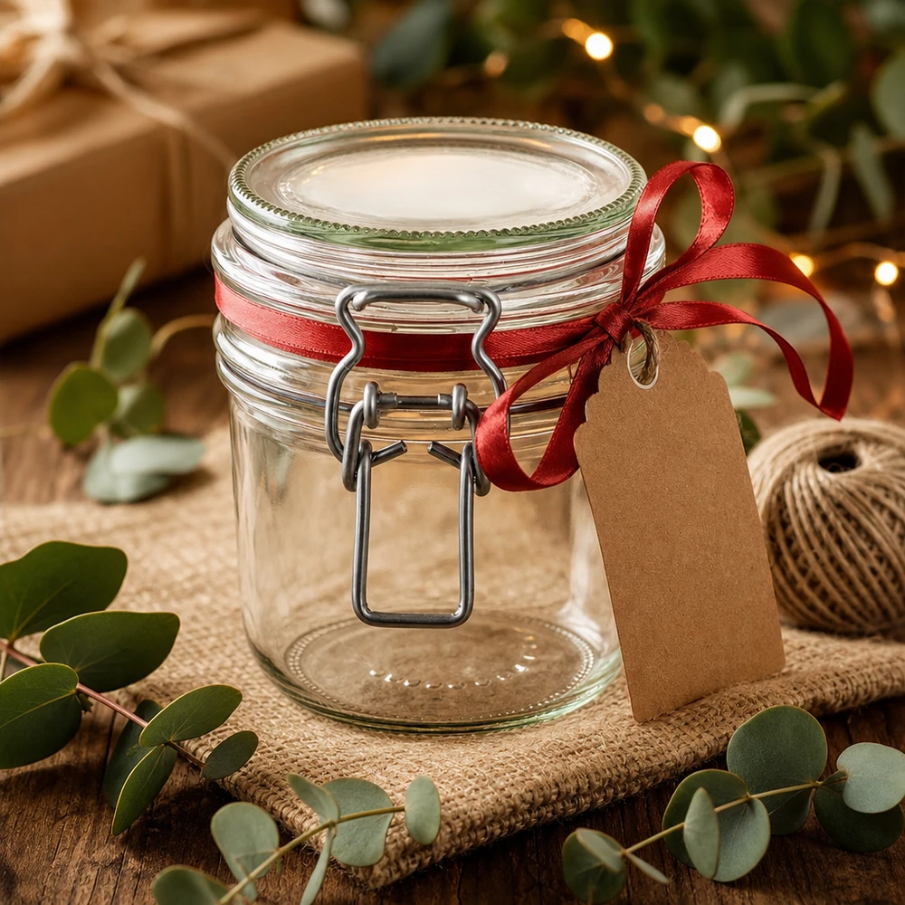 255 ml opbevaringsglas, type G, med bøjlelåg UN.. 255ml Vorratsglas mit Bügelverschluss als Geschenkidee mit roter Schleife und Geschenkanhänger dekoriert