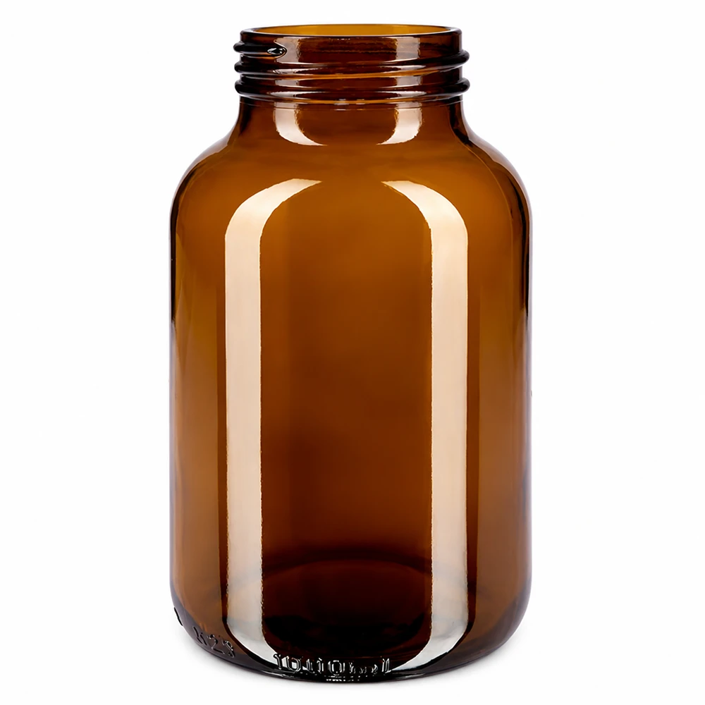 1000 ml flaske med bred hals i ravfarvet glas Bernsteinfarbene Glasflasche 1000ml mit breiter Öffnung für Pulver und Flüssigkeiten