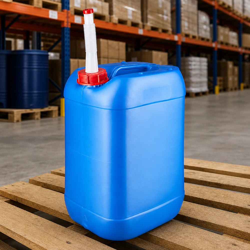 25 liters blå dunk med fleksibelt udløbsrør Stabelbar plastdunk på 25 liter, blå, med fleksibel hældetud, på træpalle på lageret