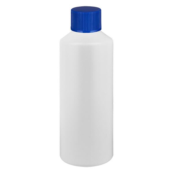 Apoteksflaske HDPE 100ml hvid, med blå SV Apoteksflaske HDPE 100ml hvid, med blå SV