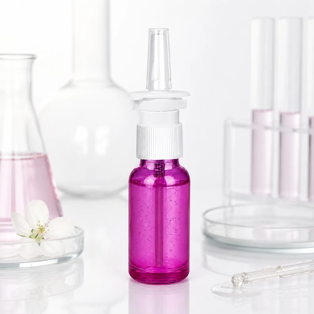 20 ml næsesprayflaske hvid/transparent standard PurpleLine. UT18/20 Lille 20 ml næsesprayflaske i lyslilla farve med hvid spraytilslutning til præcis dosering