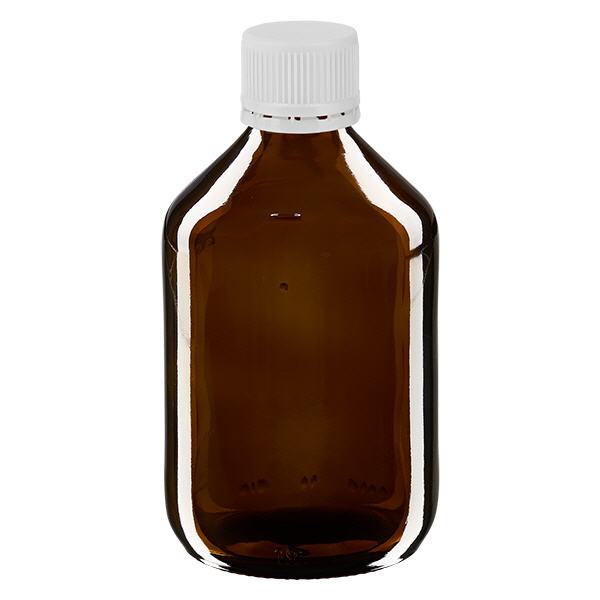 300 ml medicinflaske brun, hvid hætte med manipulationssikker ring ApoGlas. Farmaceutisk kvalitet fra EU-produktion. 28 mm (PP28) gevind. (sirup, let glasflaske) 300 ml medicinflaske brun, hvid hætte med manipulationssikker ring ApoGlas. Farmaceutisk kvalitet fra EU-produktion. 28 mm (PP28) gevind. (sirup, let glasflaske)
