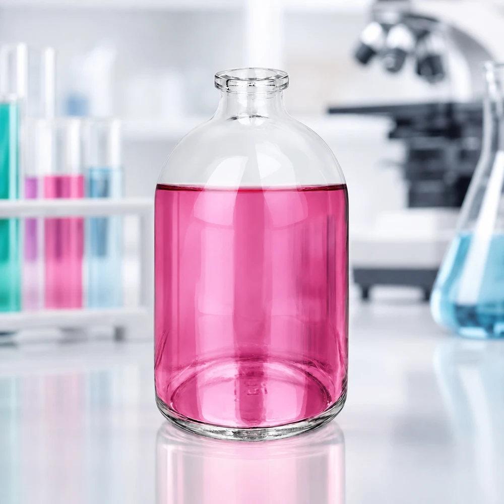 Injektionsflaske i klart glas 100 ml Großaufnahme einer 100ml Injektionsflasche Klarglas mit pink gefärbtem Labormedium