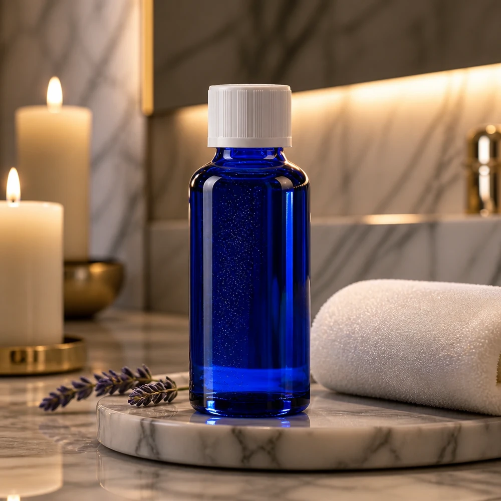 Luksuriøs koboltblå glasflaske på 30 ml med hvid sikkerhedslås på et elegant marmorfad