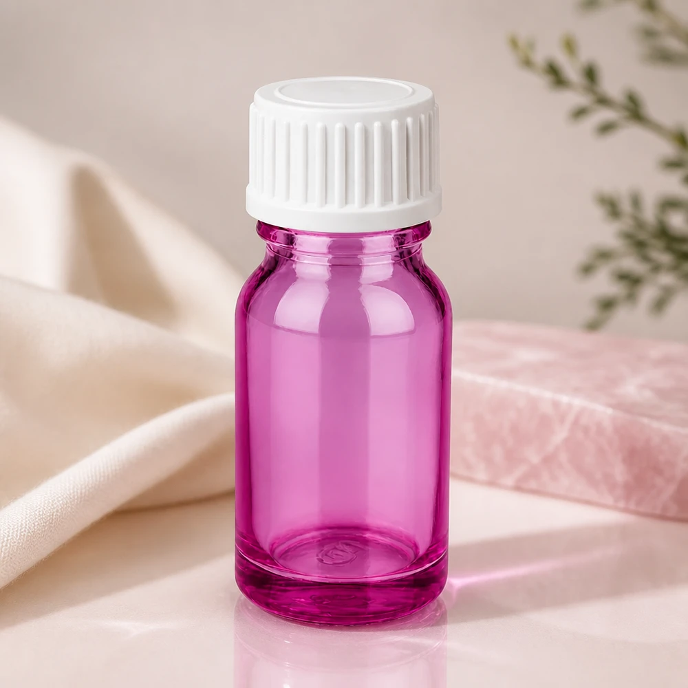 10 ml (kugle) flaske. 3 mm hældering hvid standard PurpleLine. UT18/10 Kompakt 10 ml glasflaske i magenta med børnesikret hætte til sikker opbevaring