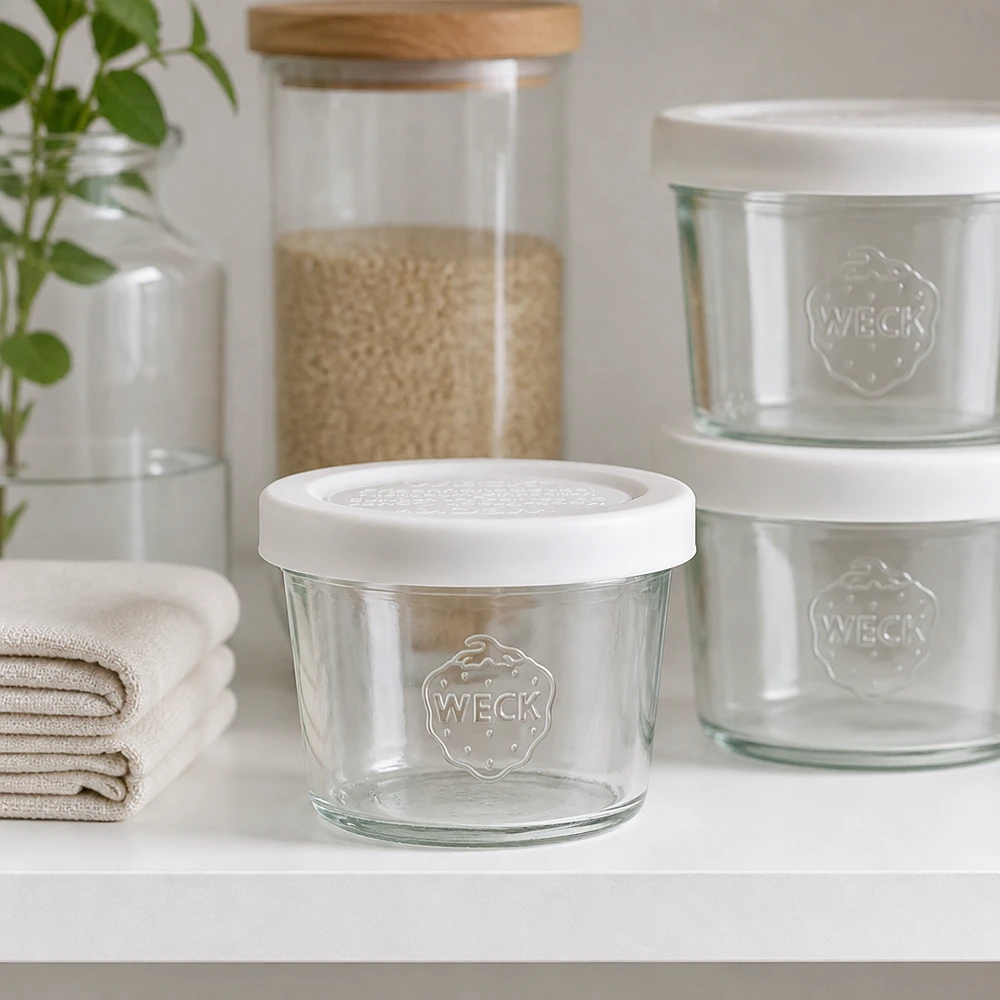 35 ml Briller med friskhedslåg WECK RR40 WECK 35 ml RR40-glas på en moderne køkkenhylde med andre opbevaringsglas, stilfuld opbevaringsløsning