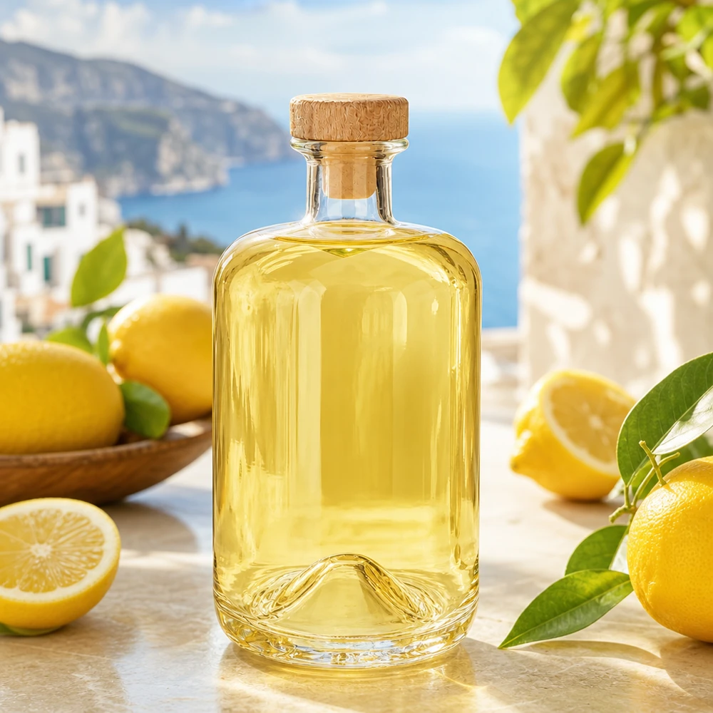 700 ml apoteksflaske Sofia med træhåndtag og kork UNiTWIST® 700 ml Sofia-glasflaske med træprop fyldt med gul citronlikør i et middelhavskystmiljø med citroner