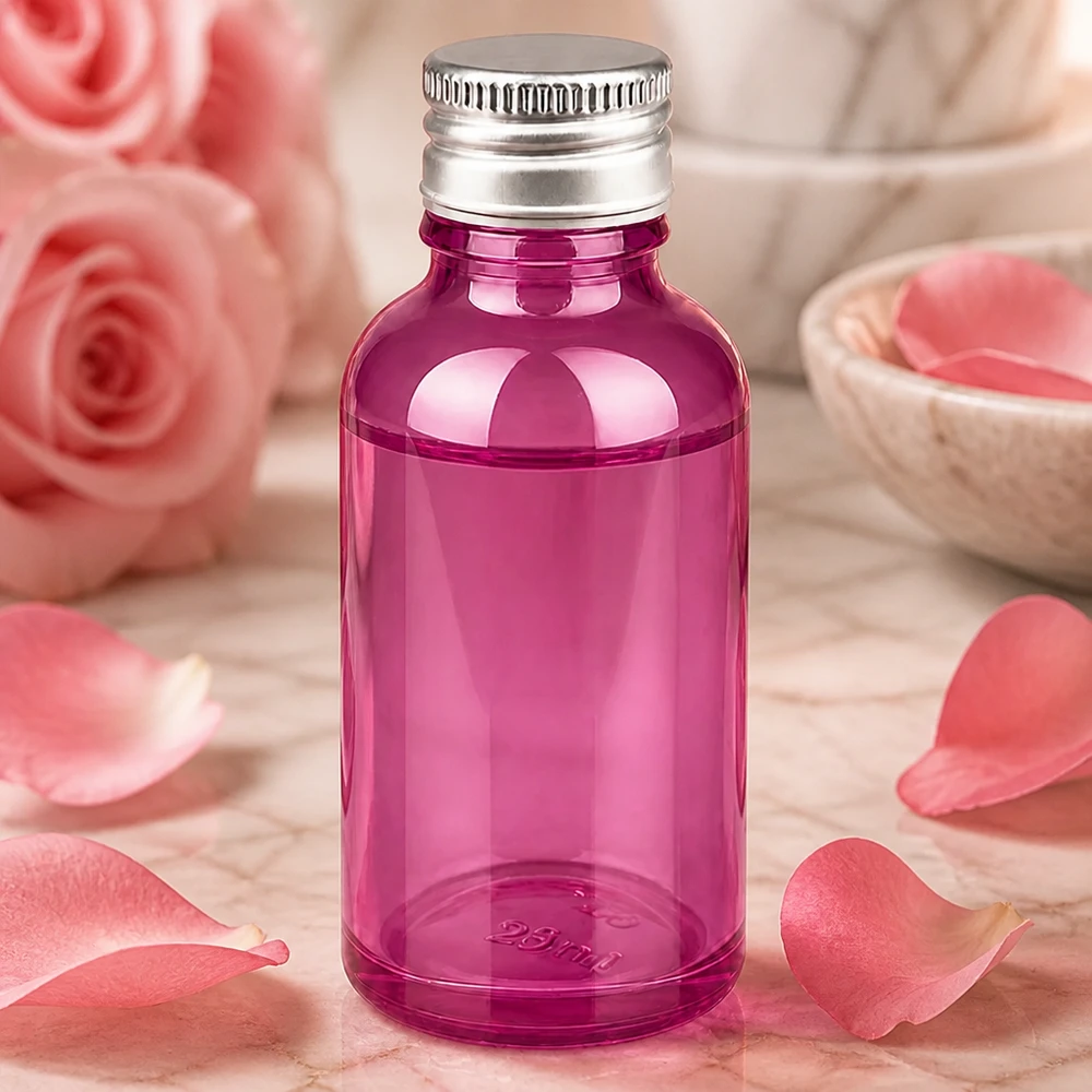 30 ml flaske 11 mm skruelåg aluminium-sølv standard PurpleLine.UT18/30 Lille 30 ml glasflaske med 11 mm gevind og sølvfarvet skruelåg i lilla