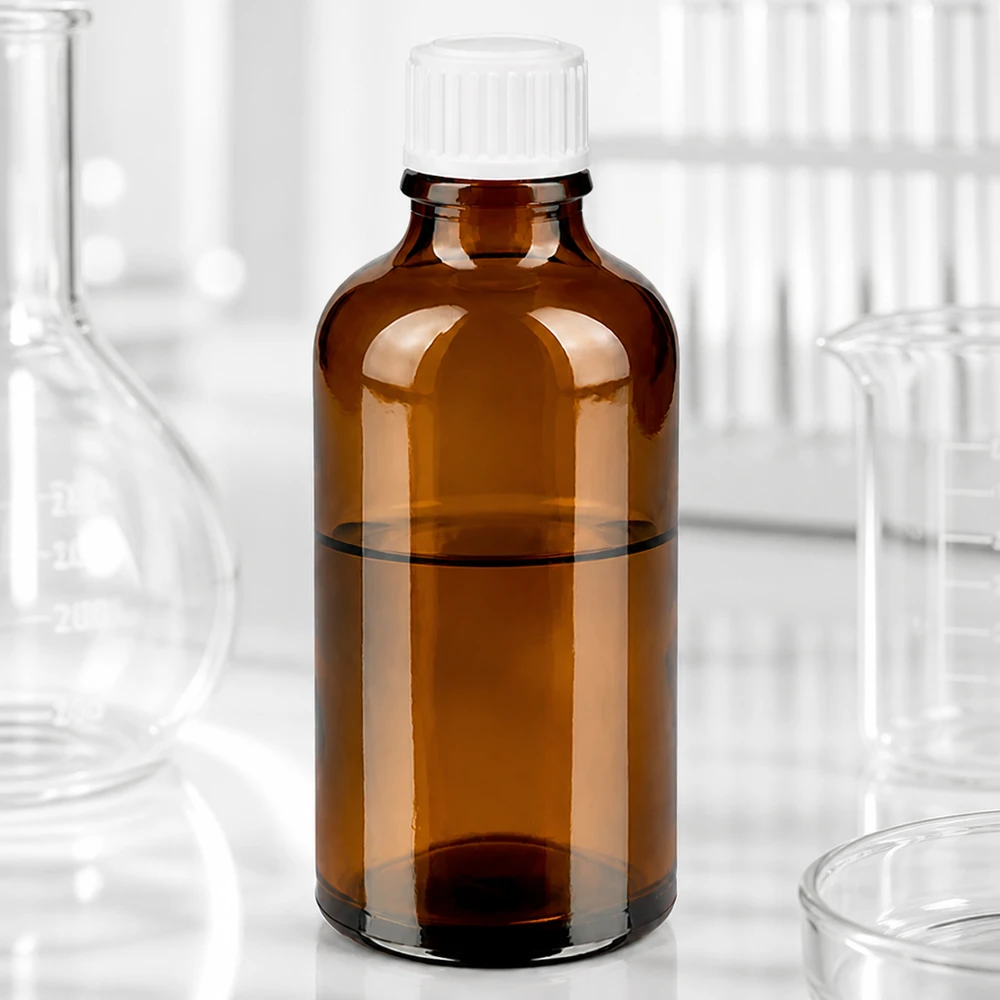 Apoteksflaske brun 50ml dråbetæller hvid 0,8mm stk. Brun glasdråbeflaske på 50 ml med hvid børnesikret lukning i laboratoriet