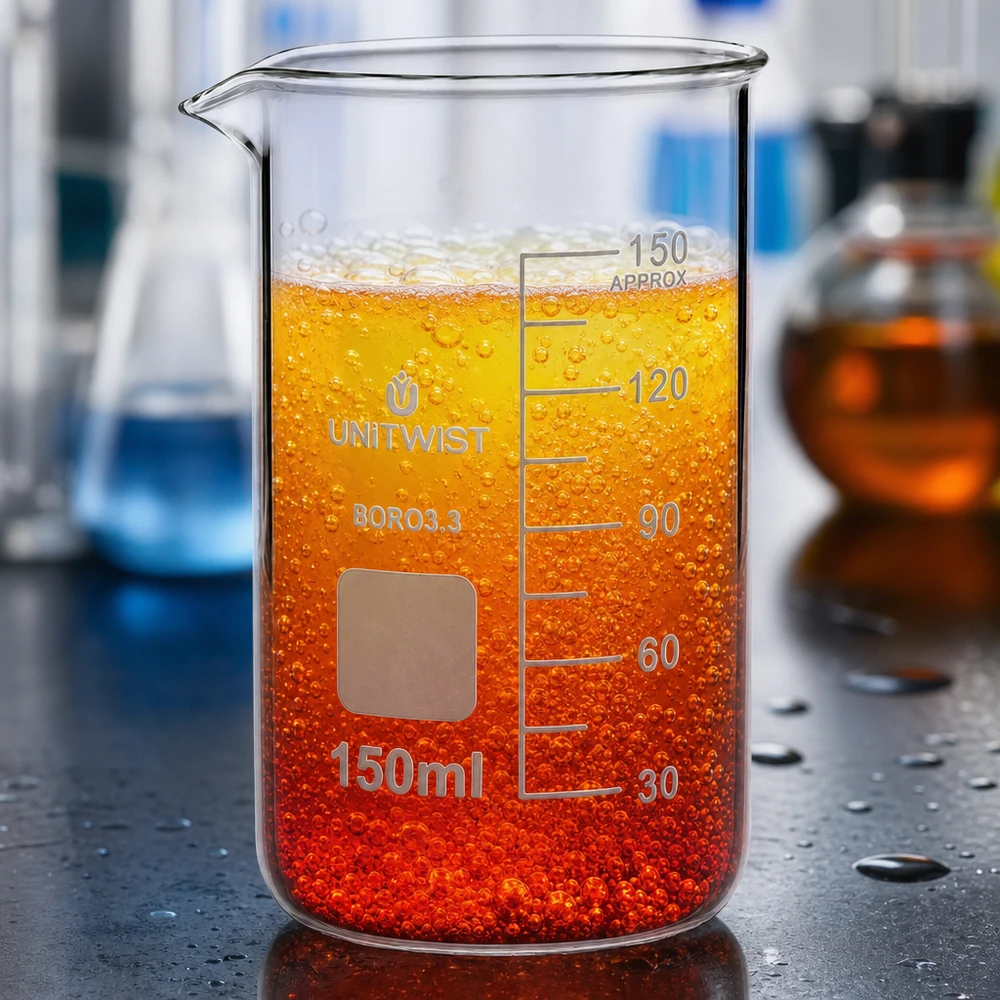 Bæger 150 ml borosilikat, høj form UNITWIST UNITWIST bægerglas 150 ml, borosilikatglas, høj form, med orange-rød væske og bobledannelse i laboratoriet