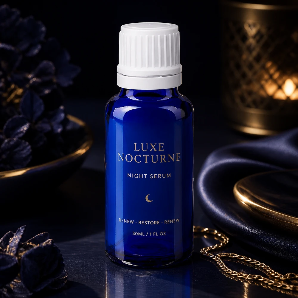 Blå 30 ml apotekerflaske med hvid skruelåg til natcreme med gyldent månelogo