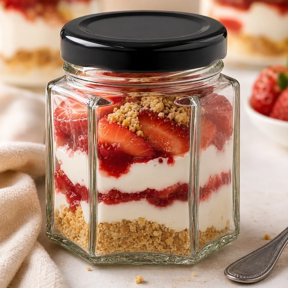 47 ml hexa-krukke med BasicSeal-låg sort UNiTWIST 47 ml hexaglas med sort låg som dessertglas med en lagdelt dessert af jordbær, fløde og kiksekrummer