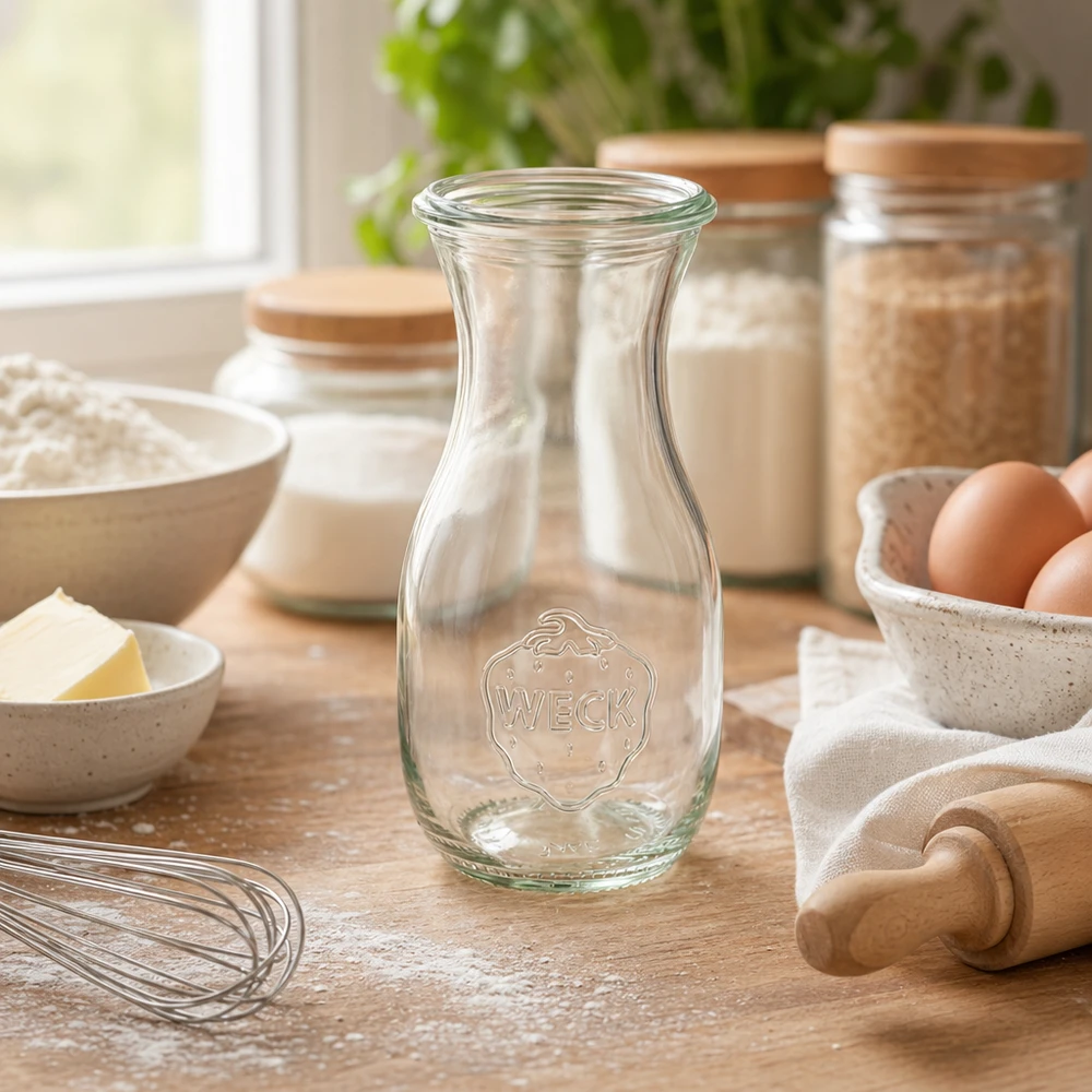 290 ml saftflaske WECK RR60 WECK juiceflaske 290 ml RR60 på et træbord mellem bageingredienser som æg, mel og køkkenredskaber i en varm atmosfære