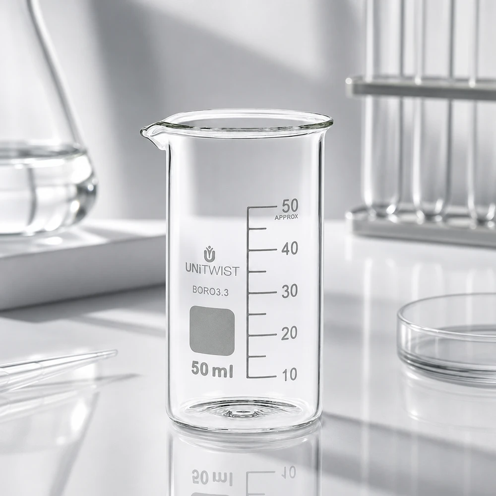 Bæger 50 ml borosilikat, høj form UNITWIST Tomt bægerglas, 50 ml, høj form, borosilikat 3.3, UNITWIST, blandt laboratorieudstyr på en hvid overflade