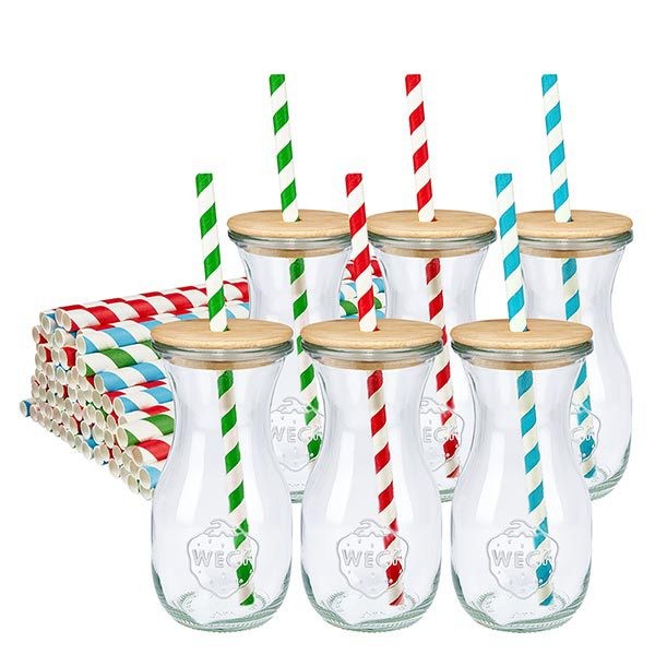 6 x WECK 290 ml juiceflaske RR60 med trælåg og 100 eco S 6 WECK juiceflasker 290 ml med trælåg og farverige økopapirsugerør grøn rød blå stribede glasflasker sæt