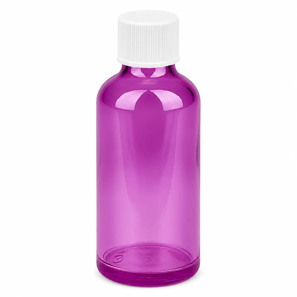 50 ml flaske 11 mm skruelåg hvid standard PurpleLine UT18/50 50 ml glasflaske i violet med hvidt skruelåg til kosmetik og lægemidler
