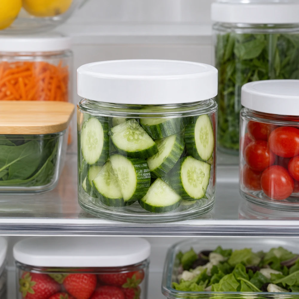 135 ml rund krukke + BasicSeal-låg hvid dyb UNiTWIST 135 ml rund krukke BasicSeal-låg hvid Køleskab Meal Prep Agurk i skiver Opbevaring af grøntsager Holder sig frisk