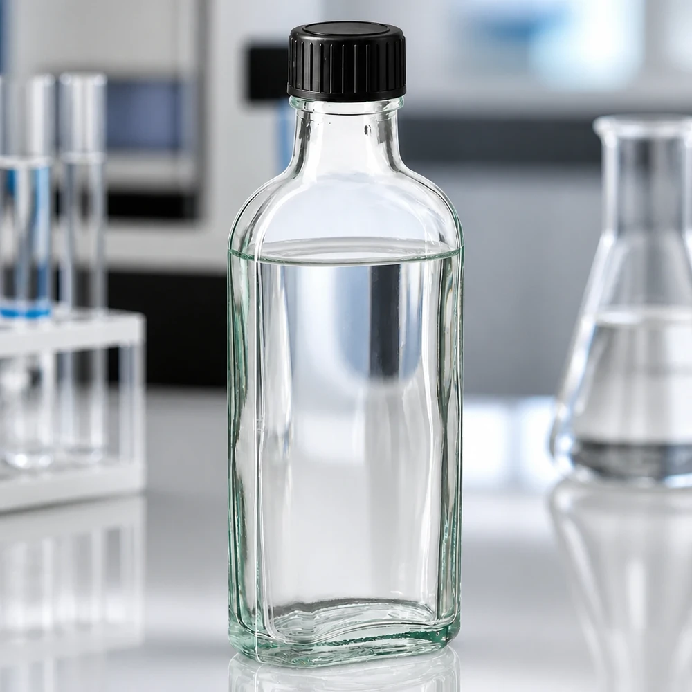100 ml Meplat klar skruelåg med EPE-forseglingsskive Rektangulær 100 ml glasflaske med sort skruelåg, halvt fyldt med klar væske i laboratoriet