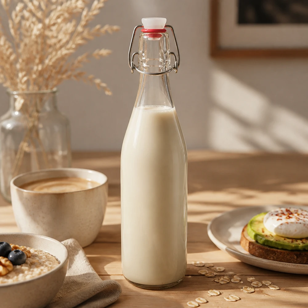 500 ml glasflaske og hængelåg i PVC UNiTWIST 500 ml glasflaske med svingtop fyldt med havremælk varm morgenmadsstemning plantemælk mælkeerstatning