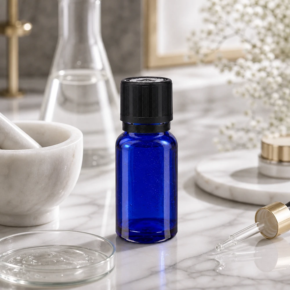 Apotfl. blå 10ml dryp v. Pr. 1mm s. KiSi Bliw OV 10 ml blå glasflaske med sort dråbepropp på marmor ved siden af en Erlenmeyer-kolbe og en morter