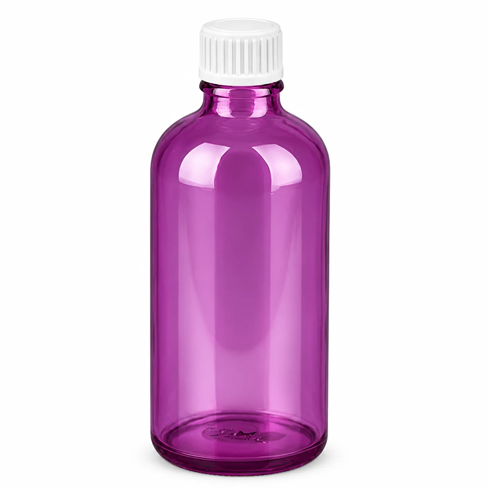 100 ml (globule) flaske 3 mm hældering hvid Standard PurpleLine. UT18/100 100 ml glasflaske i lilla med hvidt skruelåg UT18 til kosmetik og lægemidler