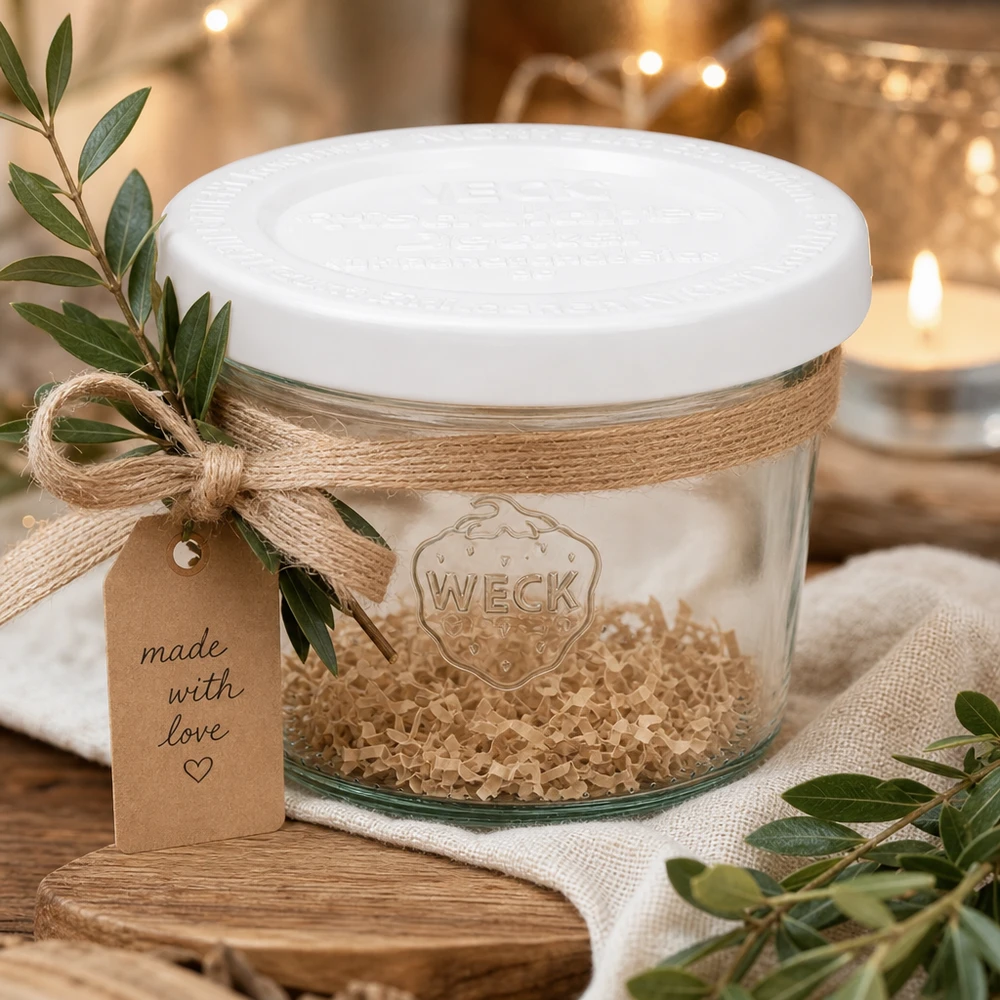 80 ml krukke med friskhedslåg WECK RR60 WECK 80 ml glas RR60 dekorativt arrangeret med jutesnor-gaveetikette og olivengrene på rustikt træ
