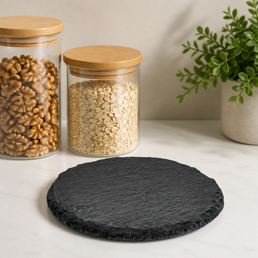 Serveringsfad i skifer, rundt Ø 150 mm Rund skiferplade 15 cm i diameter på et hvidt køkkenbord ved siden af opbevaringsglas med nødder og havregryn