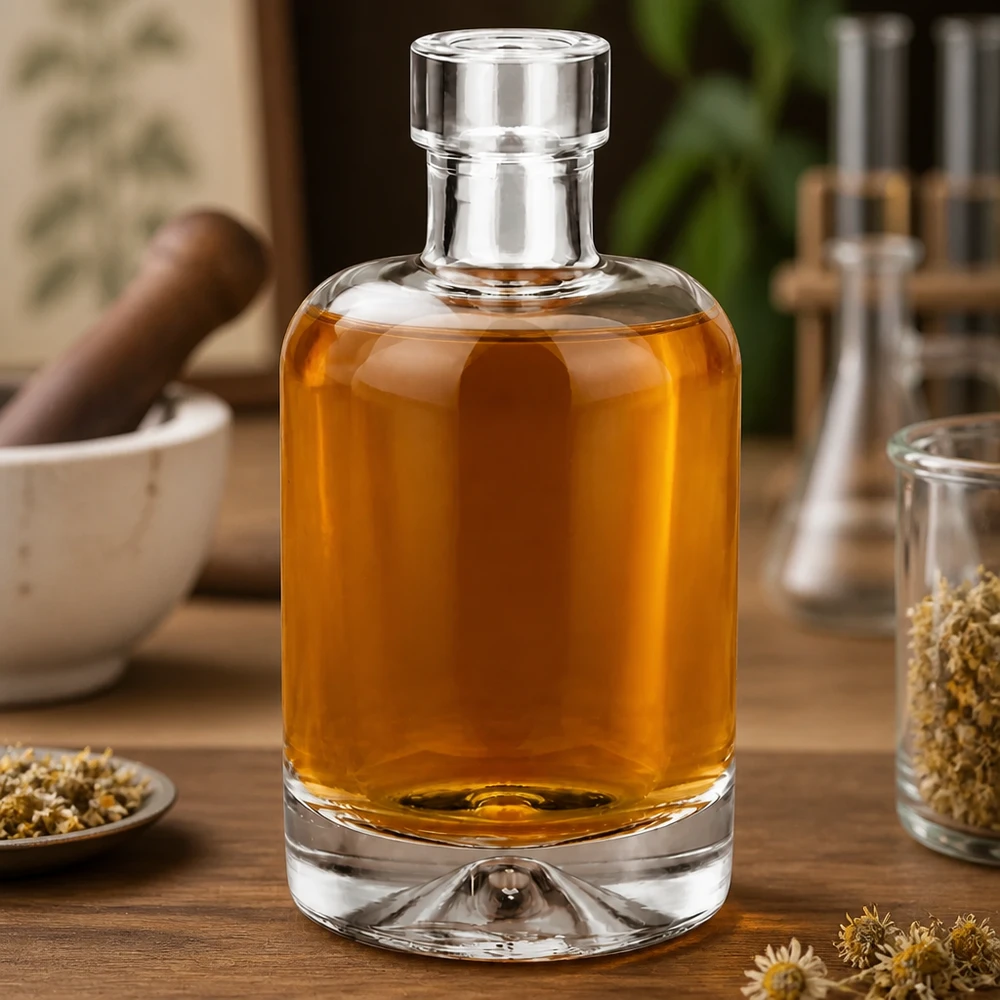 50 ml glasflaske 50ml Glasflasche "Amelie" ohne Verschluss UNiTWIST uden låg UNiTWIST® 50 ml Amelie glasflaske fyldt med ravfarvet urteeliksir på et træbord dekoreret med kamille og krydderier